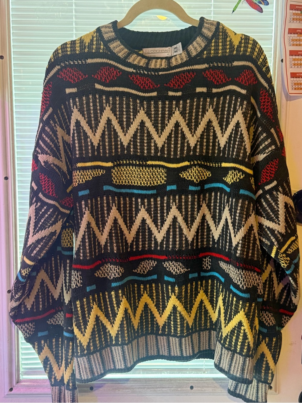 Vintage Coogi style Patterned Crewneck Sweater - Black, Cream retro 80s 90s XL